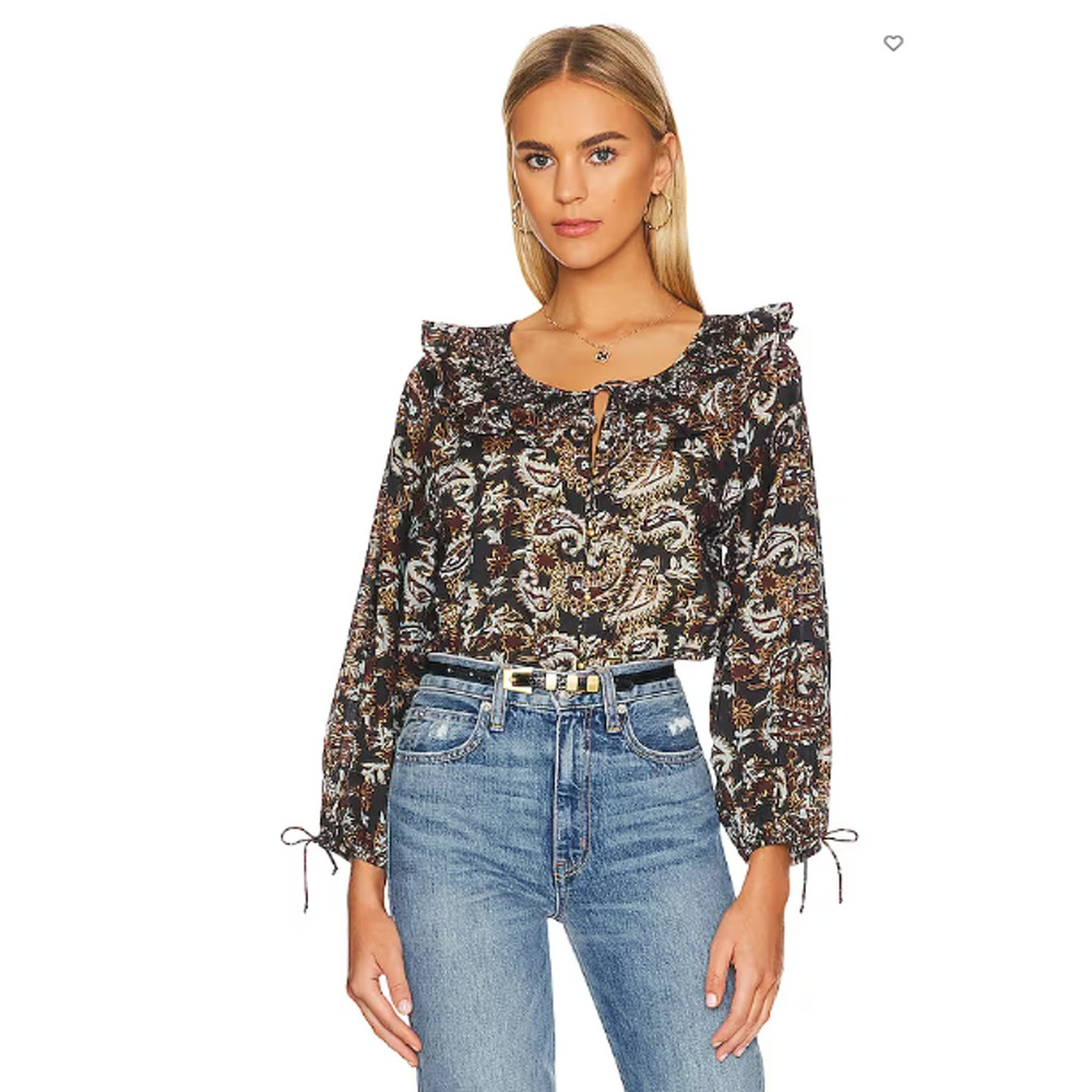 CLEOBELLA NWT Jillian Black Brown Paisley Print Organic Cotton Blouse // XL